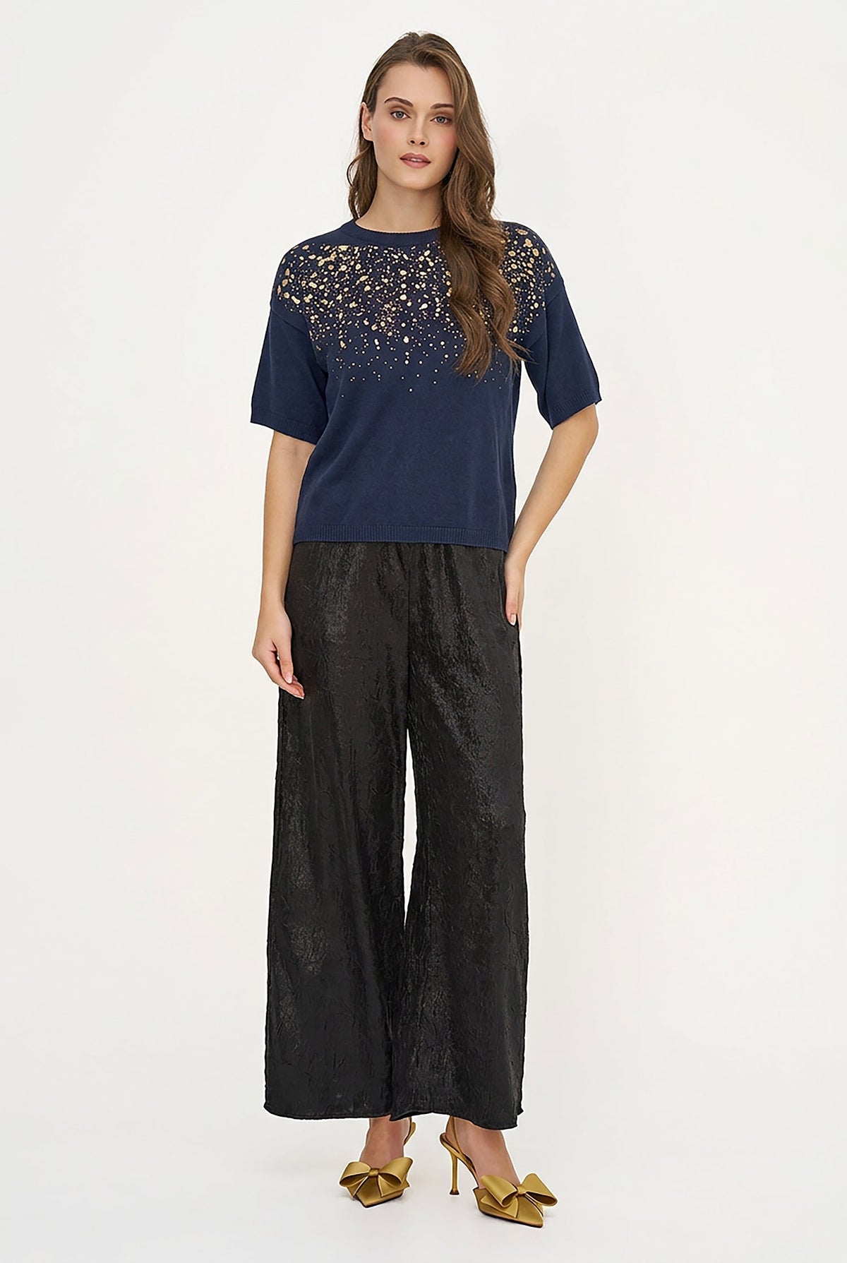 Women's Foil Polka-Dot Wide Crew-Neck Sweater, Elbow-Length Sleeves