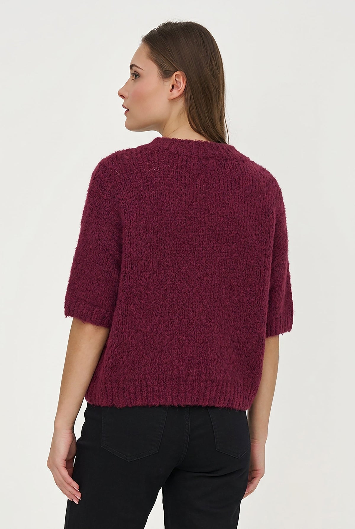 Women's Knit Crew-Neck Sweater with Elbow-Length Sleeves
