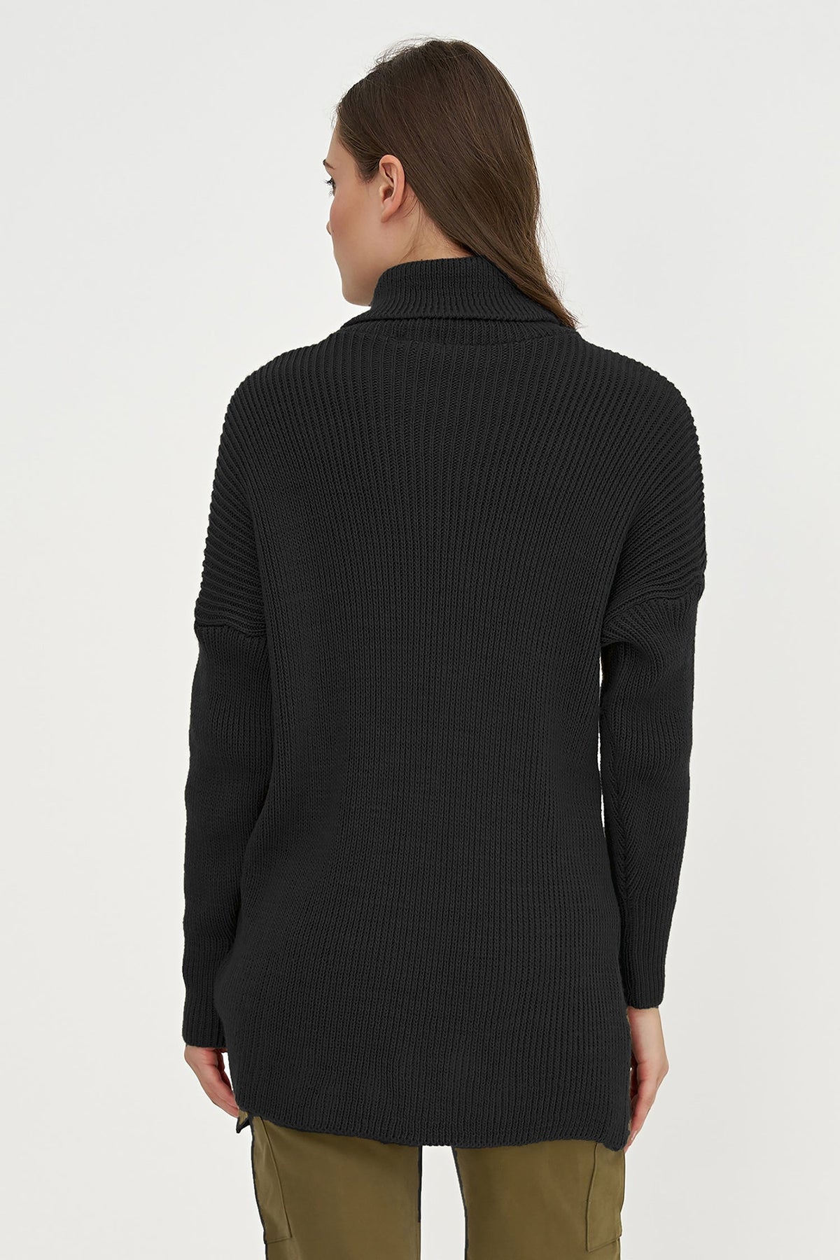 Women's Rib-Knit Turtleneck Tunic Sweater with Asymmetric Tie Front