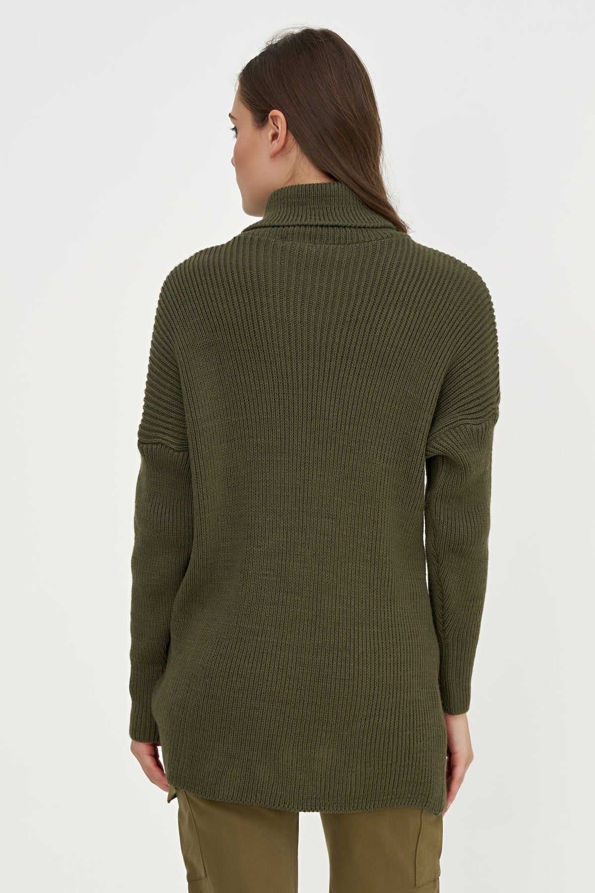 Women's Rib-Knit Turtleneck Tunic Sweater with Asymmetric Tie Front