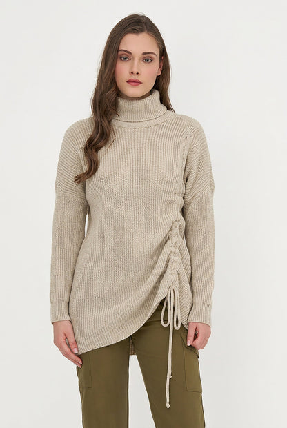 Women's Rib-Knit Turtleneck Tunic Sweater with Asymmetric Tie Front