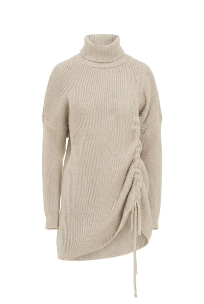 Women's Rib-Knit Turtleneck Tunic Sweater with Asymmetric Tie Front
