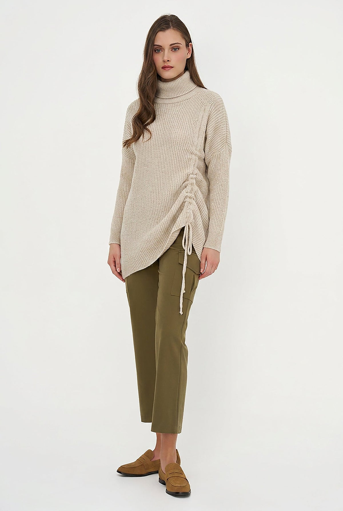 Women's Rib-Knit Turtleneck Tunic Sweater with Asymmetric Tie Front