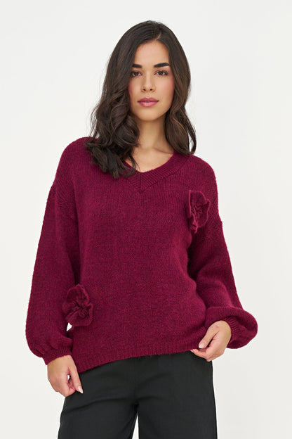 Women's Knit V-Neck Sweater, Long Sleeves & Flower Details