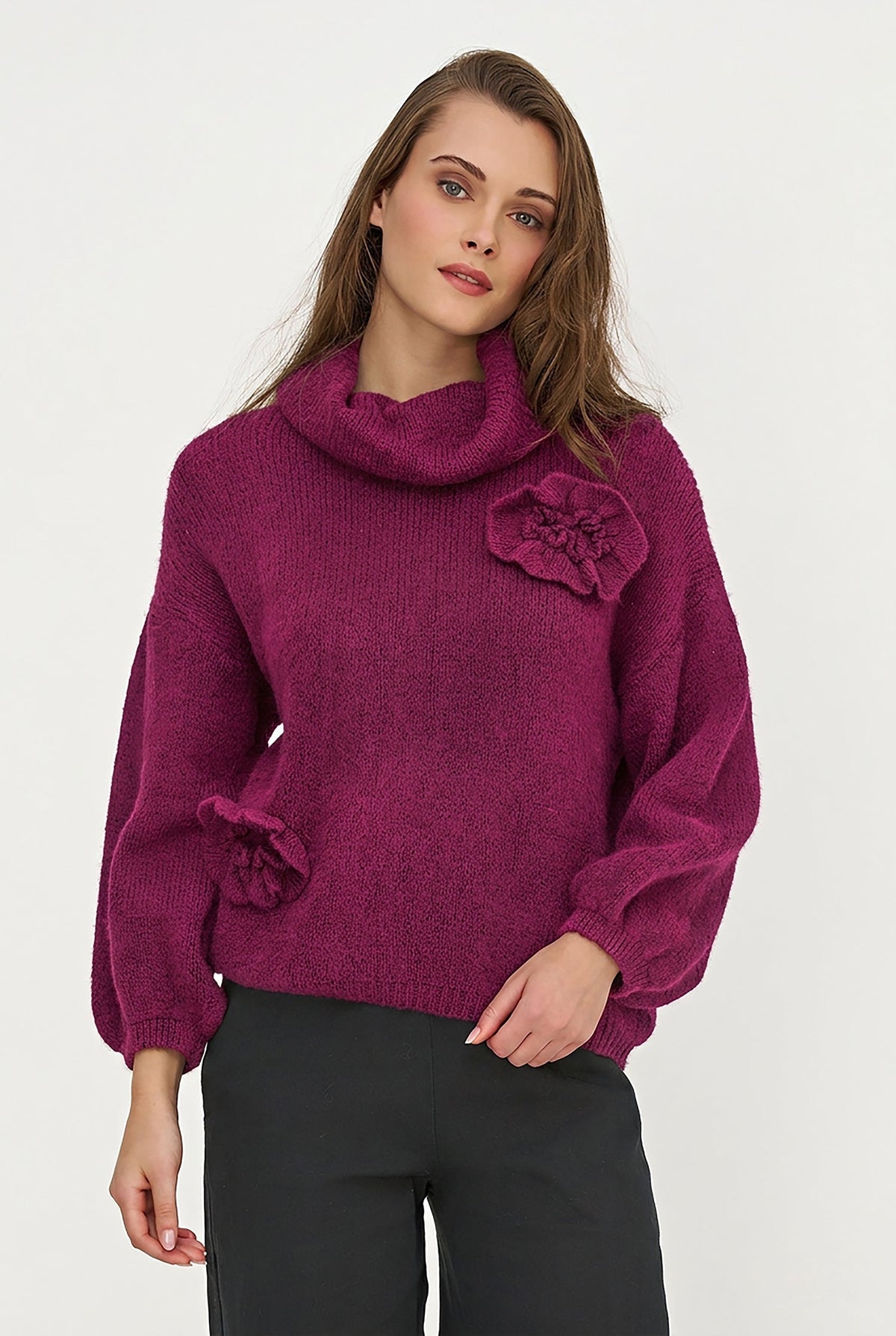 Women's Cowl Turtleneck Sweater, Long Sleeves & Flower Details