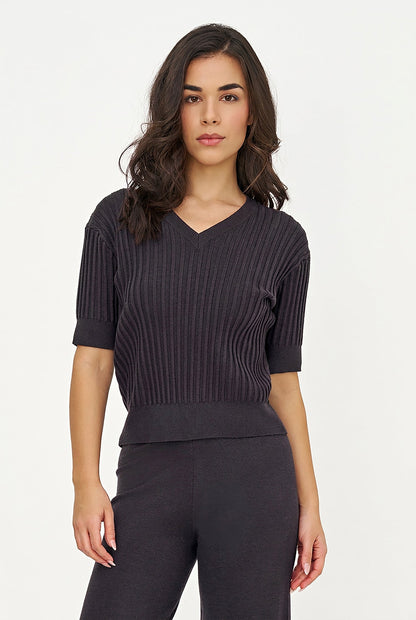 Women's Rib-Knit V-Neck Sweater with Elbow-Length Sleeves