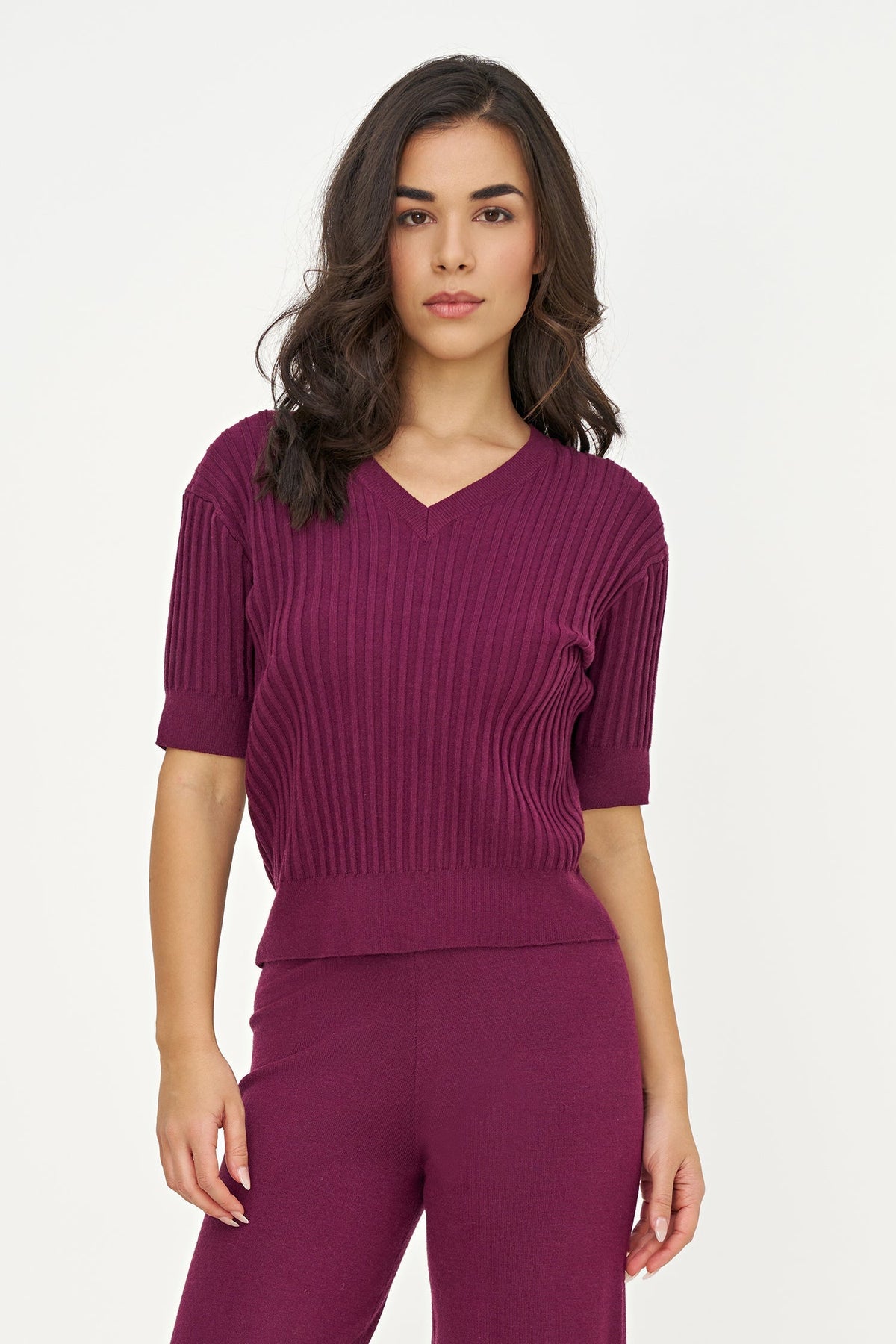 Women's Rib-Knit V-Neck Sweater with Elbow-Length Sleeves