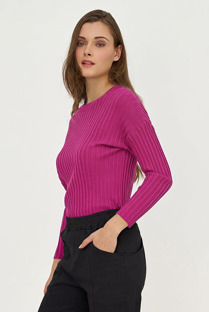 Women's Rib-Knit Crew-Neck Sweater with Long Sleeves