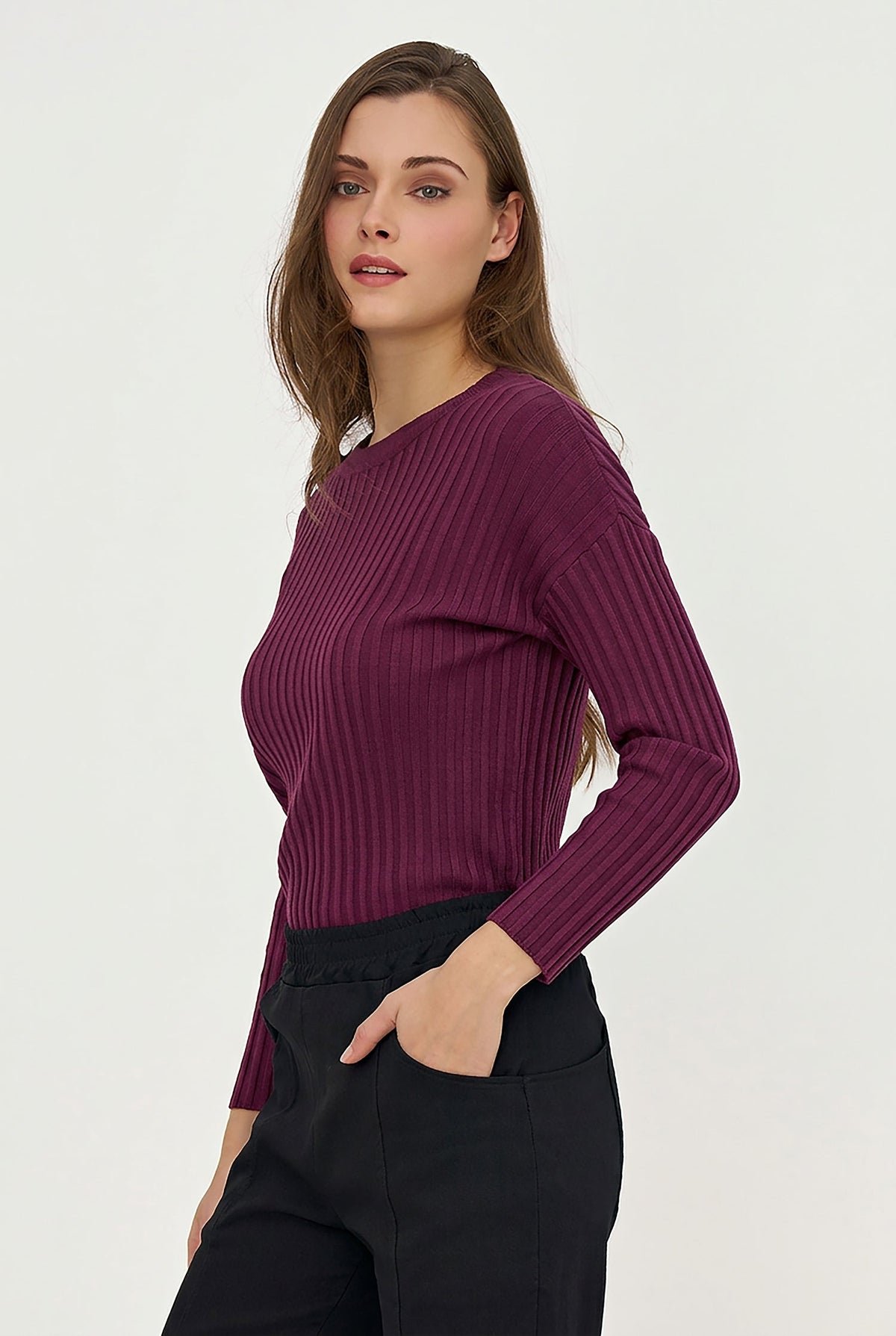 Women's Rib-Knit Crew-Neck Sweater with Long Sleeves
