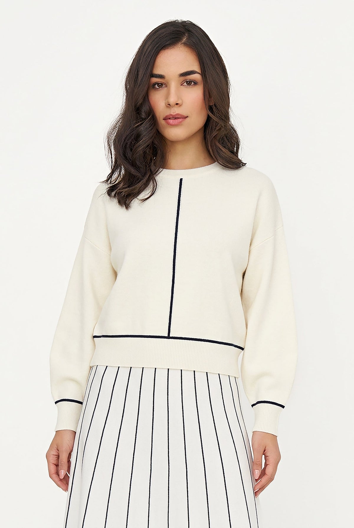Women's Color-Block Crew-Neck Sweater, Long Sleeves & Piping
