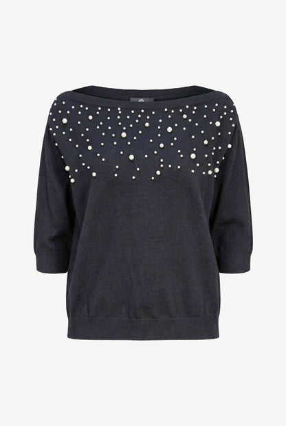 Women's Boat-Neck Sweater, Elbow-Length Sleeves & Pearl Details
