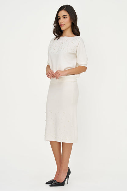 Women's Boat-Neck Sweater, Elbow-Length Sleeves & Pearl Details