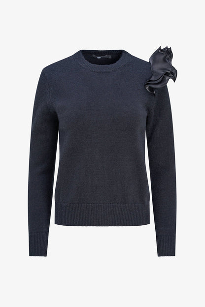 Women's Knit Crew-Neck Sweater, Long Sleeves & Organza Shoulder Ruffle