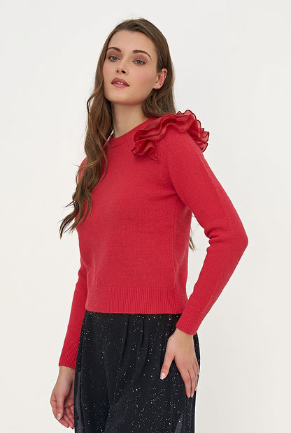 Women's Knit Crew-Neck Sweater, Long Sleeves & Organza Shoulder Ruffle