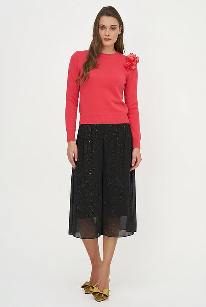 Women's Knit Crew-Neck Sweater, Long Sleeves & Organza Shoulder Ruffle