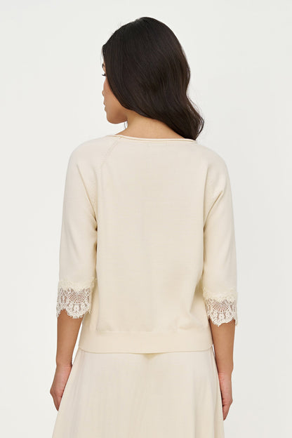 Women's Fine Knit Crew-Neck Sweater, 3/4 Raglan Sleeves & Lace Cuffs
