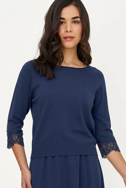 Women's Fine Knit Crew-Neck Sweater, 3/4 Raglan Sleeves & Lace Cuffs