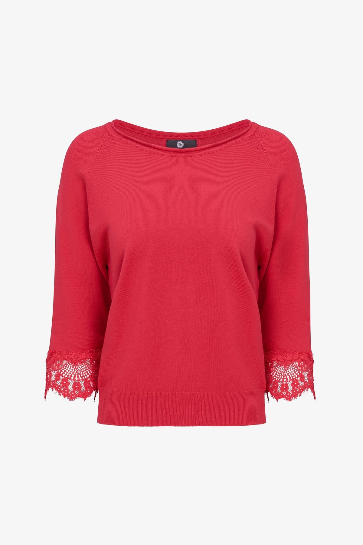 Women's Fine Knit Crew-Neck Sweater, 3/4 Raglan Sleeves & Lace Cuffs