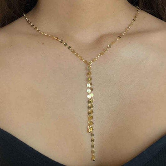 Disc Chain Necklace With Double Drop In Gold Plate