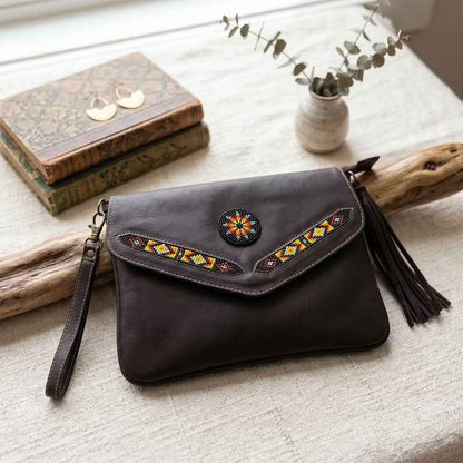 Leather beaded Crossbody bag(Chocolate Brown)
