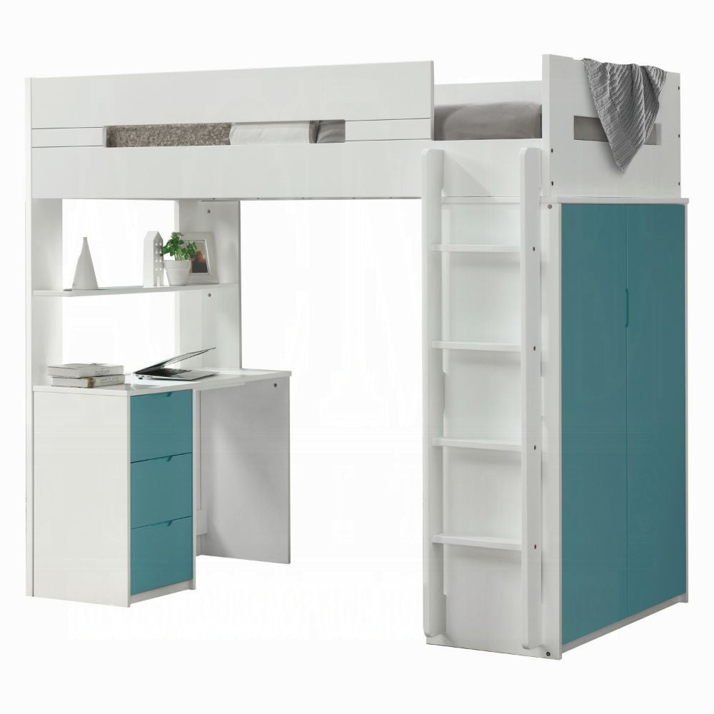 Lilo Etagen-/Hochbett mit Arbeitsplatz & Kleiderschrank – Weiß/Türkis