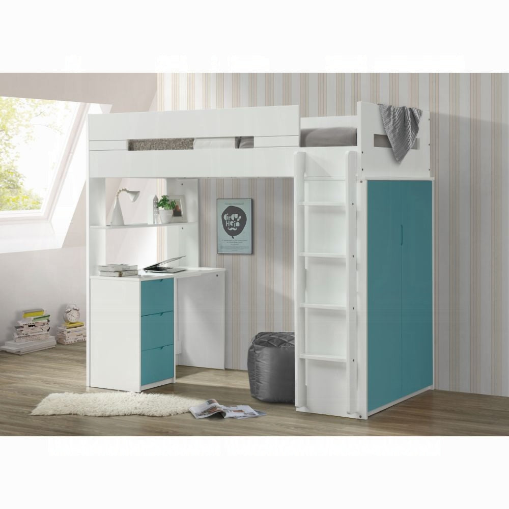 Lilo Etagen-/Hochbett mit Arbeitsplatz & Kleiderschrank – Weiß/Türkis