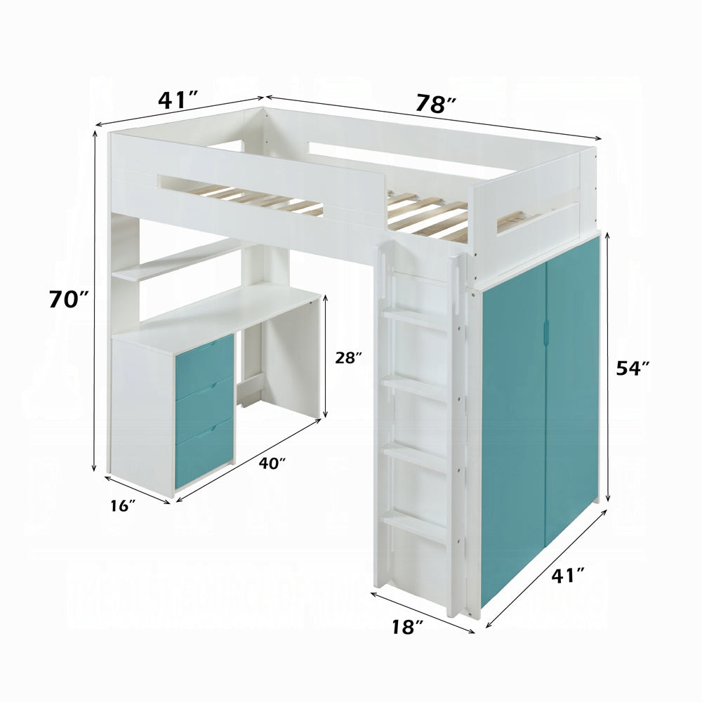 Lilo Etagen-/Hochbett mit Arbeitsplatz & Kleiderschrank – Weiß/Türkis