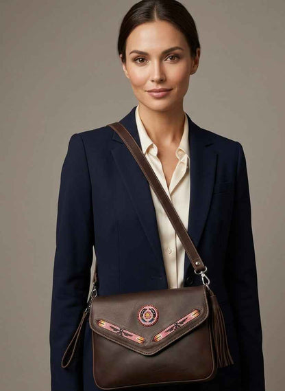 Leather beaded Crossbody bag(Chocolate Brown)
