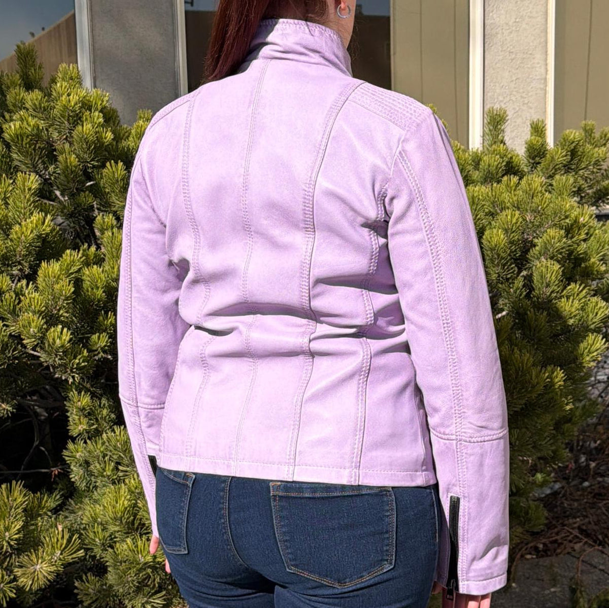 Women's Classic Sheep Leather Jacket. Standing Collar with Studs, 4 Zippered Pockets & Shoulder Accent Stitching
