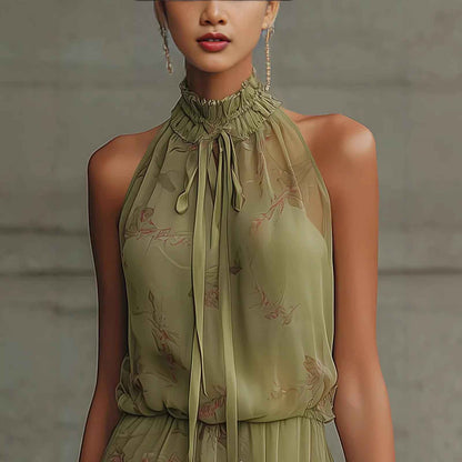 V-neck Waist Trimming Ruffles Elegant Dress