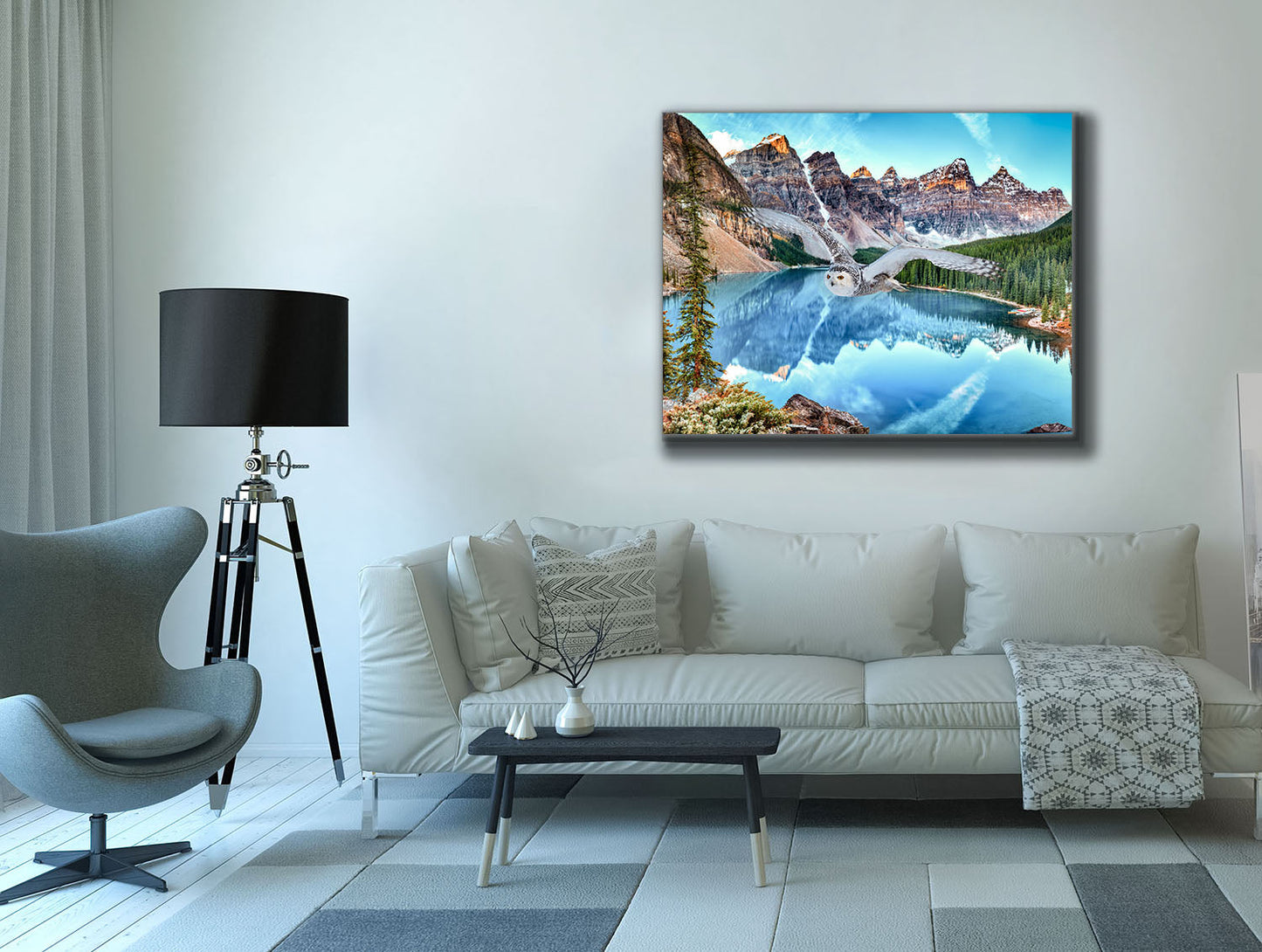 Leinwand-Tierkunst – Schneeeule bei Banff – Gedrucktes Kunstwerk