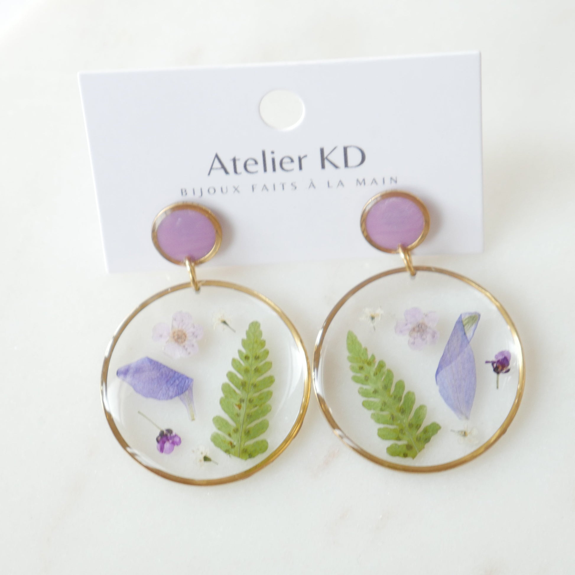 Boucles d'oreilles duo - les Violettes et la fougère - rond (XL 35mm)