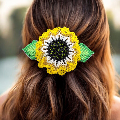 Handmade Beaded Sunflower Hair Clip-Golden and White