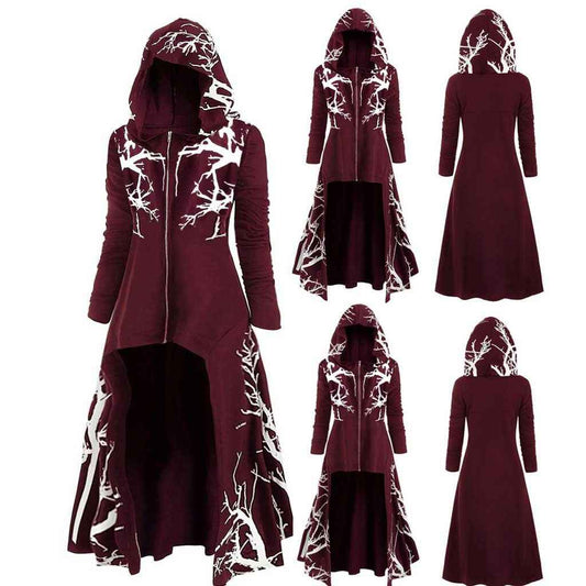 Gothic Halloween Cape Jacket for Women – Printed Long Sleeve Zip-Up Costume Coat