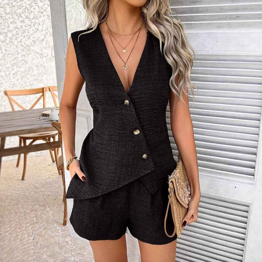 Women's Fashionable Casual V-Neck Asymmetrical Tank Top and Shorts Set