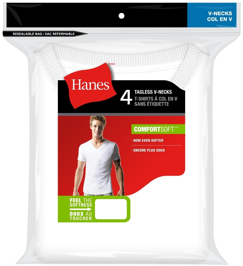 Hanes Men's ComfortSoft 4 Pack FreshIQ Cotton V-Neck T-Shirt, White, Large 🍁 All In One Marketplace Canada