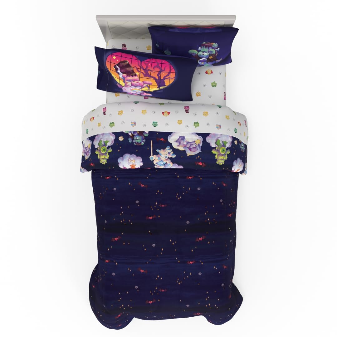 Franco Care Bears x Universal Monsters Halloween Bedding 5 Piece Super Soft Cozy Reversible Comforter and Sheet Set with Sham, Twin, (Officially Licensed Product)
