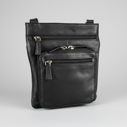 JBG Slim Genuine Leather Crossbody Bag. RFID Blocking Travel Purse with Multi-Zipper Pockets