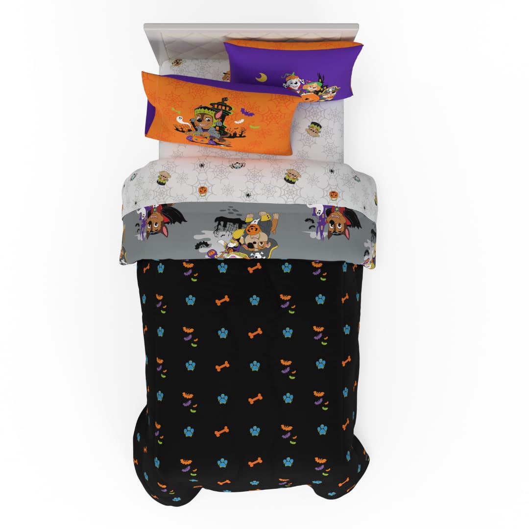 Paw Patrol Kids Halloween Bedding 5 Piece Super Soft Cozy Reversible Comforter and Sheet Set with Sham, Twin, (Officially Licensed Product) by Franco