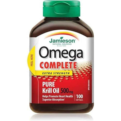 Jamieson Omega Complete Pure Krill Oil 500 mg, 100 Softgels, No Fishy Aftertaste, Supports Heart Health, and Provides Superior Absorption. With Antarctic Krill Oil. Proudly Canadian 🍁 All In One Marketplace Canada