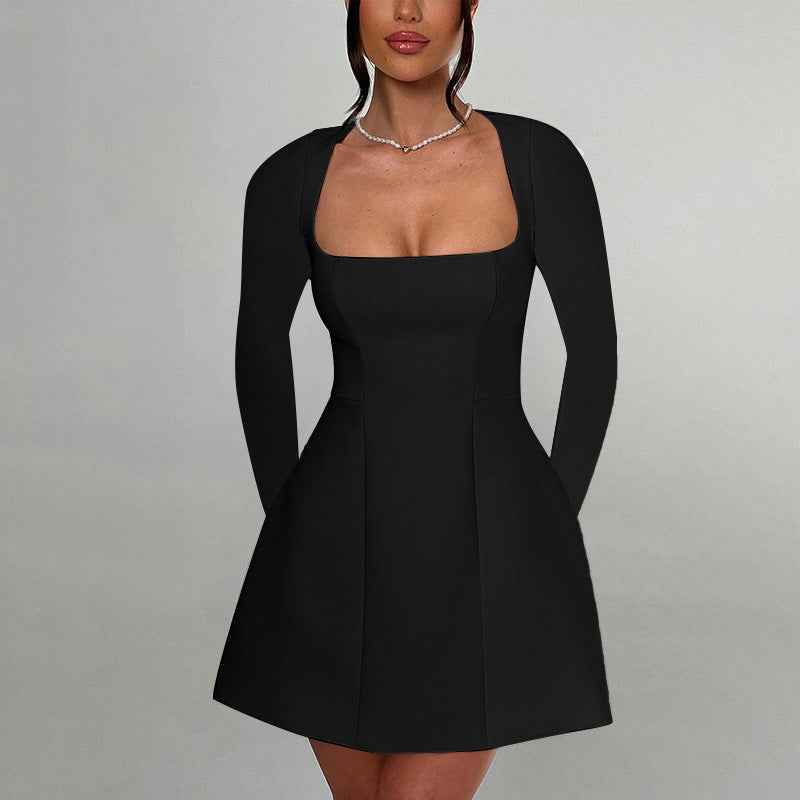 Women's Slim-Fit Square-Neck Long-Sleeve Dress – Elegant High-Waist Pullover Dress