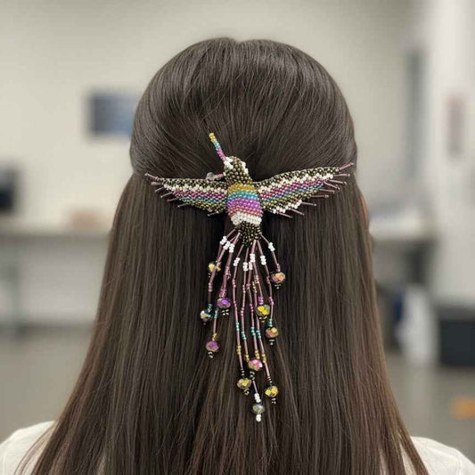 Purple  / white Hummingbird Barrette with Fringes