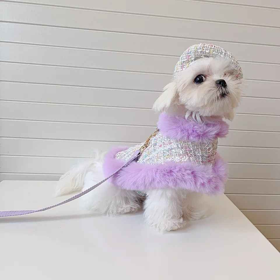 Lilac Harness and Leash Set | Plaid Dog Harness Hat Set