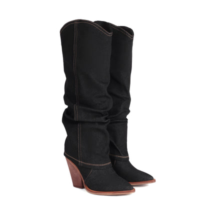 Women's Vintage Cowboy Boots – Pointed Toe Chunky Heel High Tube Fashion Boots