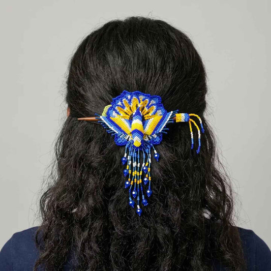 Maple Blossom Hummingbird Beaded Hair Stick Barrette Blue