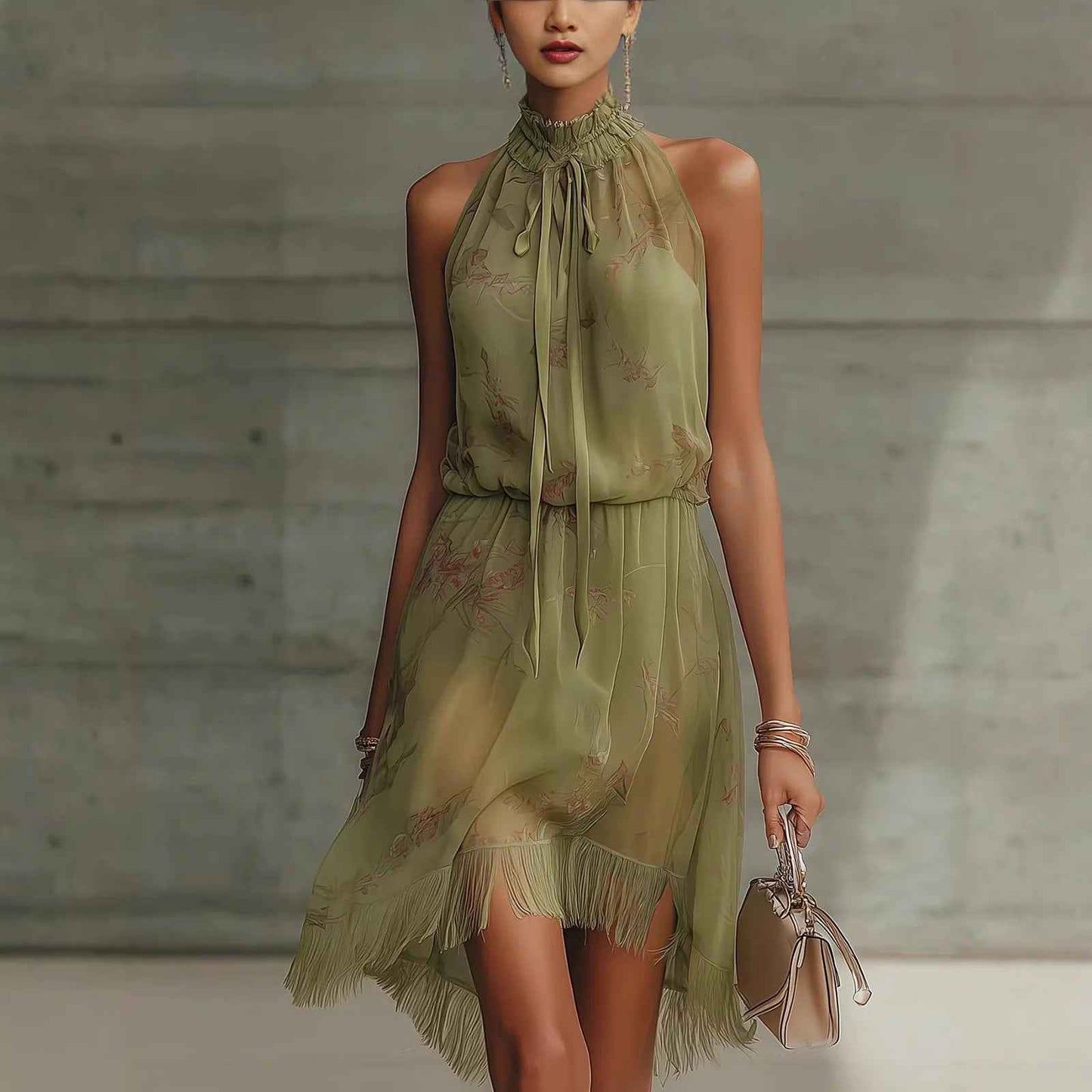 V-neck Waist Trimming Ruffles Elegant Dress