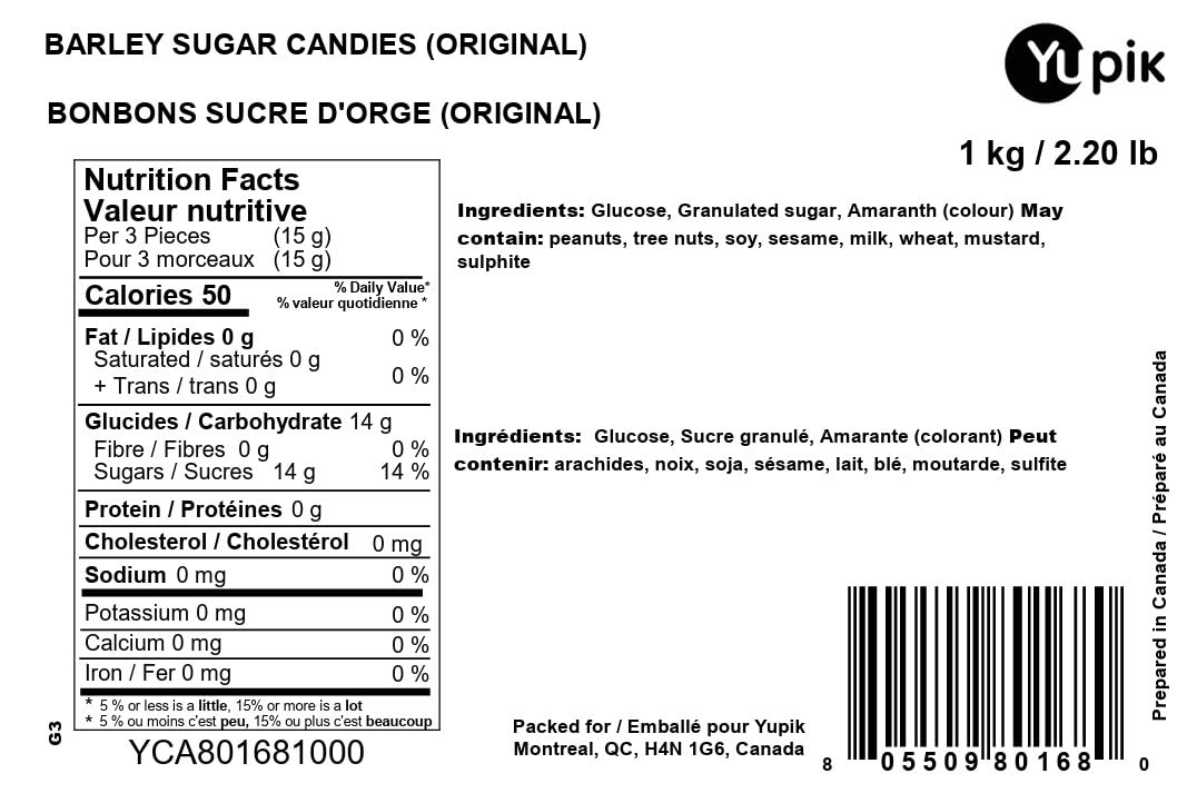 Yupik Original Barley Sugar Candies, 1 kg, Individually Wrapped Bright Red Hard Candies, Fat-Free, Low-Calorie, Perfect for Snacking, Gifting, & Halloween Treats