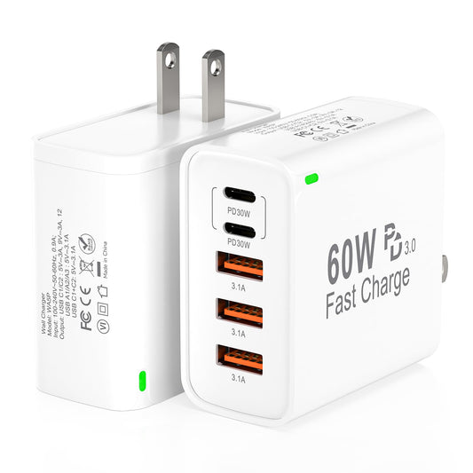 2Pack USB C Fast Charger Block, Total 60W 5-Port USB C Wall Charger 30W Type C Charging Block, 2USB C+3USB A PD 3.0 Multiport Charging Cube for iPhone 17 16 15 14 Pro Max, G-alaxy S26 S25 Ultra, i Pad 🍁 All In One Marketplace Canada