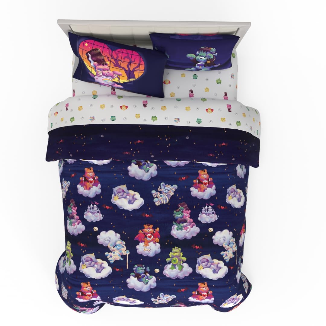 Franco Care Bears x Universal Monsters Halloween Bedding 7 Piece Super Soft Cozy Reversible Comforter and Sheet Set with Sham, Full, (Officially Licensed Product)