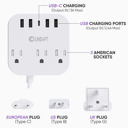Unidapt European Plug Adapter, Unidapt US to UK Europe Power Strip for EU/UK/US with USB C and 4 USB Ports, 3 AC Outlets, Wall Mountable, 5ft Cord, for Travel Cruise Ship Home (WSS-603) 🍁 All In One Marketplace Canada